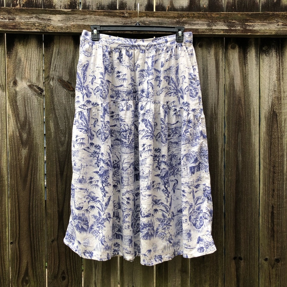 Joie 100% Linen Tropical Toile Midi Skirt Size XL Pockets Blue White Beach - Picture 4 of 15